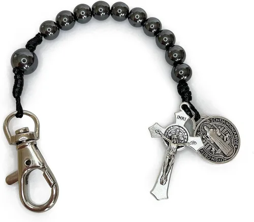 Vista 6 de Rosario de bolsillo de oración católica Medalla de San Benito con cuentas de hematita negra con cordón llavero de rosario Tenner estilo abierto