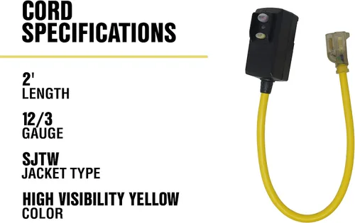 Vista 7 de Woods Yellow Jacket 2877 120V/15A GFCI 12/3 SJTW 2' en ángulo recto Juego de cables con receptáculo iluminado