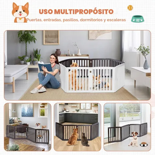 Vista 5 de Puerta para perros para mascotas, para interiores, para escaleras, puertas, 82 x 24 pulgadas, 4 paneles, valla para perros, extra ancha, de madera