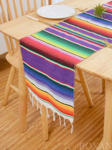 Vista 4 de BOXAN Camino de mesa de serape mexicano para decoración de boda, picnic al aire libre, mesa de comedor, manta de algodón con flecos, caminos de mesa