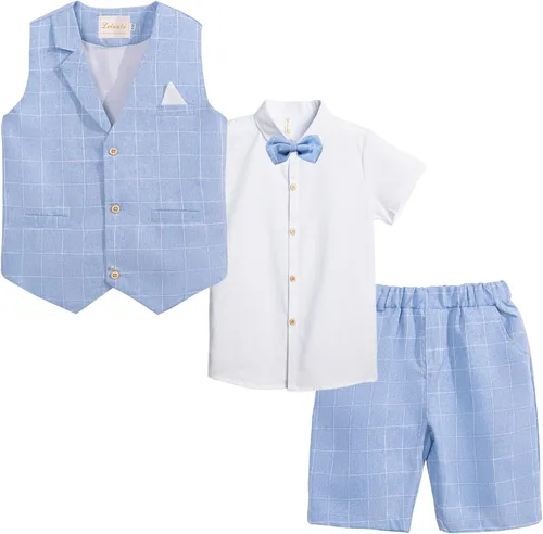Vista 2 de Traje de verano para niños, ropa de vestir para niños, traje de portador de anillo de boda, 4 piezas, camisa, chaleco y pantalones cortos