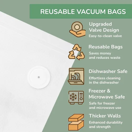 Vista 2 de Bolsas selladoras al vacío reutilizables con válvula limpiable mejorada, paquete de 20, paredes más gruesas, aptas para lavavajillas, congelador