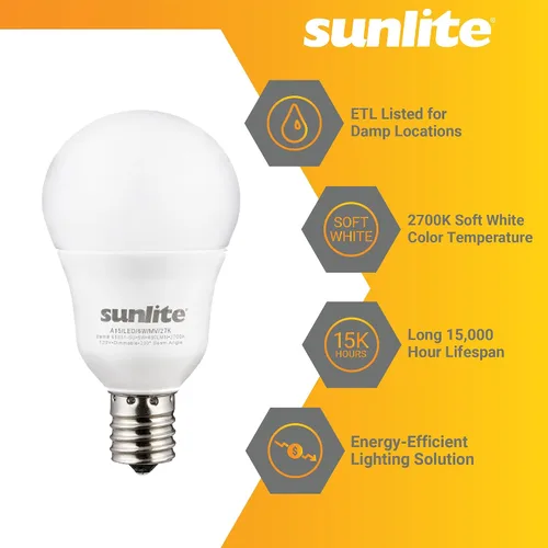 Vista 3 de Sunlite Bombilla LED A15 E17, bombillas de base intermedia, 6 vatios (equivalente a 40 W), 480 lúmenes, regulable, para ventilador de techo