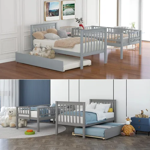 Vista 3 de Literas para niños con escalera, literas de madera maciza con barandilla completa Gris