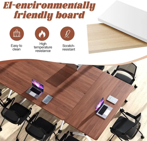 Vista 7 de Mesa de sala de conferencias, mesa de conferencias de 55.1 pulgadas con ruedas, moderna mesa de entrenamiento de conferencias de color madera Nuez