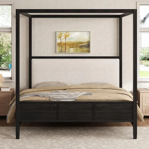 Vista 26 de Cama de plataforma con dosel de 4 pósteres de tamaño matrimonial con cabecero de listones verticales Negro-8.1