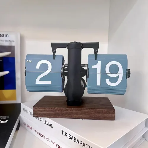 Vista 9 de VBESTLIFE Reloj digital retro abatible, funciona con batería, reloj de engranajes internos, mecánico clásico, base de nogal negro, para decoración