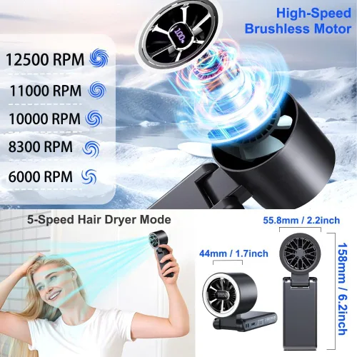 Vista 4 de CAZOKASI Ventilador de mano recargable de viento fuerte con iluminación ambiental 4 IN1 5000mAh hasta 22H para cuello de clip de cintura