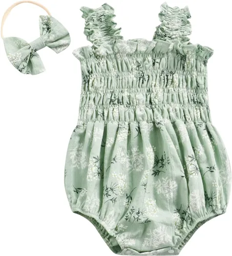 Vista 9 de Body sin mangas para bebé recién nacida con cuello halter y volantes, mameluco enterizo con diadema, conjunto de ropa de verano Albaricoque