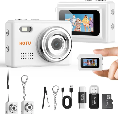 Vista 10 de Cámara Digital Mini HOTU, Cámara Llavero 1080P HD con Lente de 2MP, Flash, Grabación de Vídeo, Tarjeta de 32G Incluida, Cámara Retro Portátil y Beige
