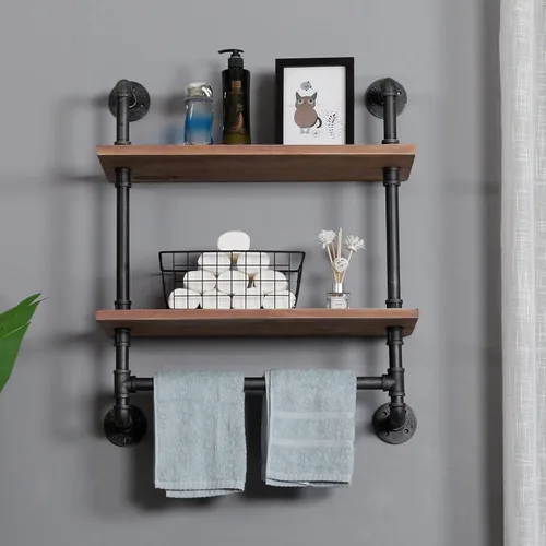 Vista 6 de Estante industrial de tubería para baño, estantes de pared montados en la pared, 2 niveles de 19.6 pulgadas de madera rústica, decoración flotante