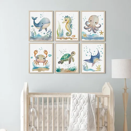 Vista 5 de Juego de 6 decoración de pared de animales marinos para guardería, lienzo de acuarela de océano, arte de pared para habitación de bebés y niños