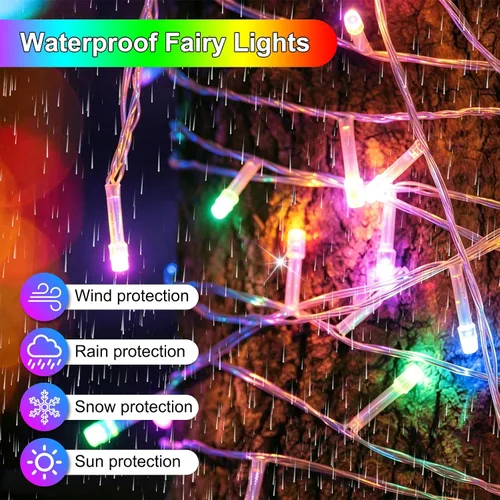 Vista 2 de Luces de Navidad de 100 pies con 300 LED enchufables, luces de hadas impermeables para exteriores e interiores con temporizador y 8 modos, luces
