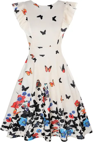 Vista 3 de IHOT - Vestidos para fiestas de cóctel de estilo casual, con vuelo, acampanados, con volantes, estampado floral y vintage para mujer, con bolsillos