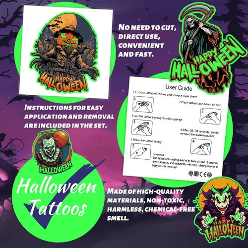Vista 7 de winthrop 100 tatuajes temporales luminosos de Halloween para niños, envueltos individualmente que brillan en la oscuridad, tatuajes impermeables