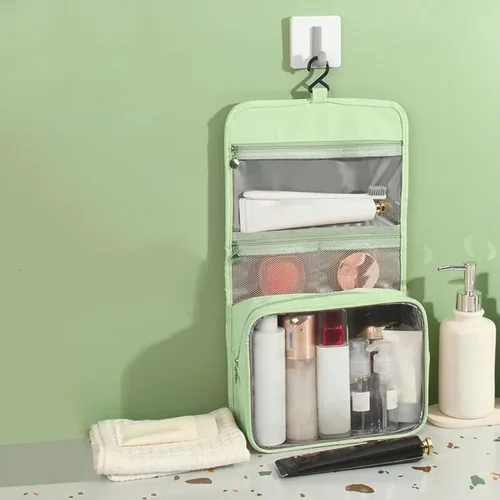 Vista 3 de Neceser para mujer, bolsa de maquillaje colgante con gancho, organizador de viaje, artículos esenciales para el dormitorio, contenedores
