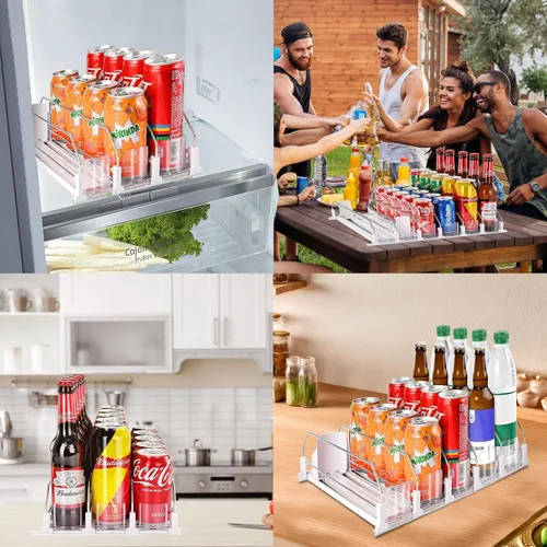 Vista 7 de Organizador de bebidas para refrigerador, dispensador organizador de latas de soda para refrigerador con deslizamiento automático de empuje, 3 filas