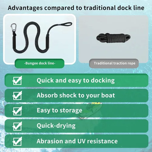 Vista 5 de Líneas de muelle elástico para barcos, líneas de amarre marinas, cuerda de barco para acoplamiento con bucle y accesorios de clip para moto