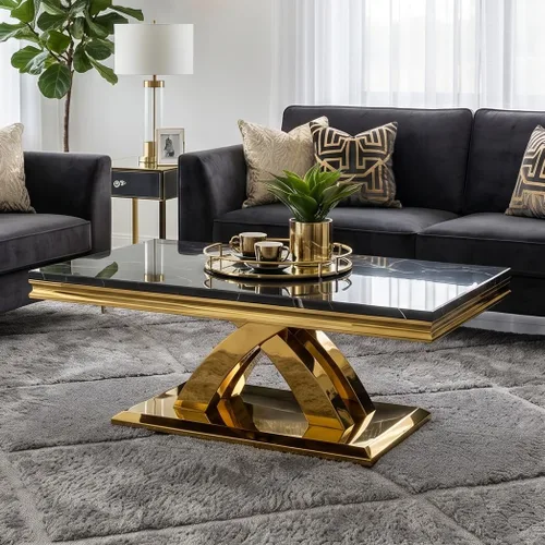 Vista 8 de AUZ Mesa auxiliar negra y dorada de 48 pulgadas, mesa central rectangular de lujo con base de metal pulido en forma de X para sala de estar, oficina