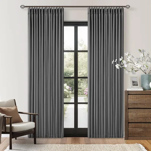 Vista 196 de Juego de 2 paneles de cortinas plisadas negras de 80 pulgadas para sala de estar, cortinas plisadas de lino con forro de 80 pulgadas de largo, 100%