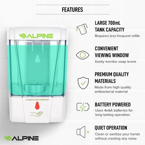 Vista 4 de Alpine Industries Alpine Industries - Desinfectante automático de manos de gel transparente de 23.7 fl oz, resistente comercial, color blanco