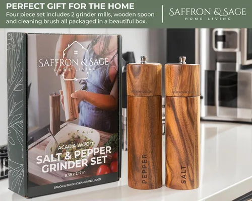 Vista 7 de Saffron & Sage Premium - Molinillo de sal y pimienta de madera de acacia de 2 a 8 pulgadas de alto con ajustes gruesos ajustables, resistente a