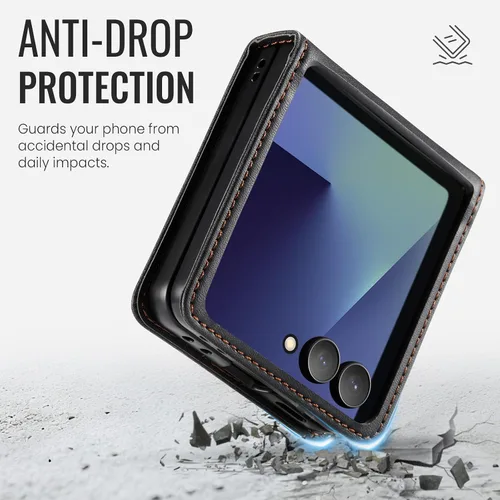 Vista 2 de Funda tipo cartera para Samsung Galaxy Z Flip 7 de piel con tarjetero y función atril, cierre magnético, bloqueo RFID, TPU a prueba de golpes Negro