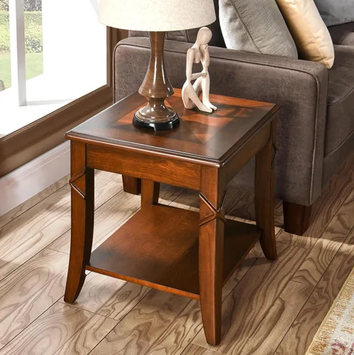 Vista 9 de Mesa auxiliar de madera maciza con estante de almacenamiento, mesa auxiliar rectangular vintage para sofá con mesa de empalme y patas talladas, mesa