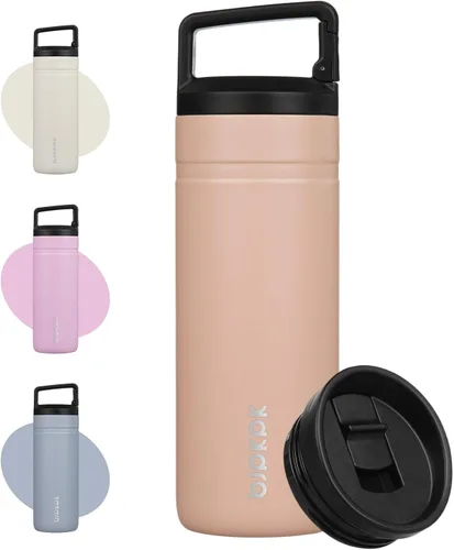 Vista 9 de BJPKPK - Botella de agua aislada con 2 tapas, vaso/taza de viaje de acero inoxidable de 20 onzas con aislamiento al vacío de doble pared, taza