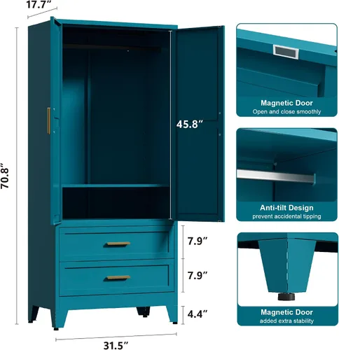 Vista 3 de Washsemba - Armario de guardarropas de metal de casa rural de 71'' con barra para colgar, 2 armarios de puerta de granero con estantes ajustables, 2