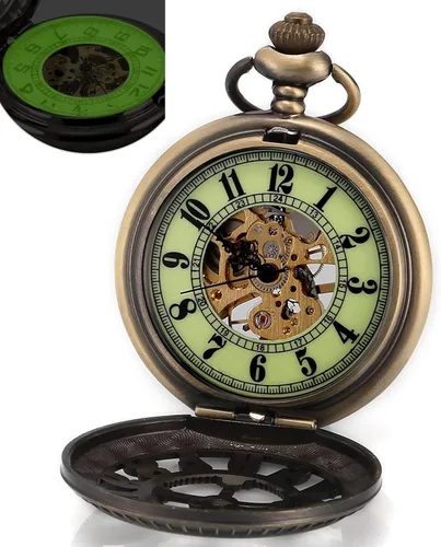 Vista 2 de Carrie Hughes Mens Vintage Steampunk Luminous dial Mechanical Pocket Watch with Chain in Box CHWPK195