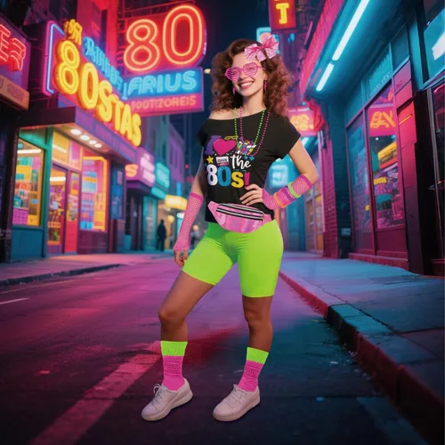 Vista 5 de Xintorch Accesorios de los años 80 para mujer, calcetines de neón de los años 80, riñonera holográfica de encaje, diadema, aretes, guantes de red