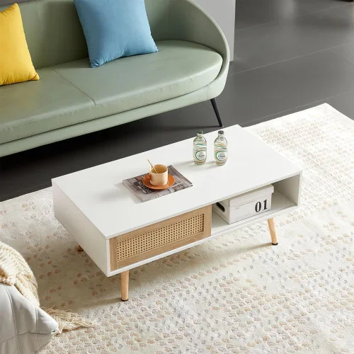 Vista 4 de Mesa de centro de ratán de 41.34 pulgadas, puerta corrediza para almacenamiento, patas de madera maciza, mesa moderna para sala de estar, utilizada
