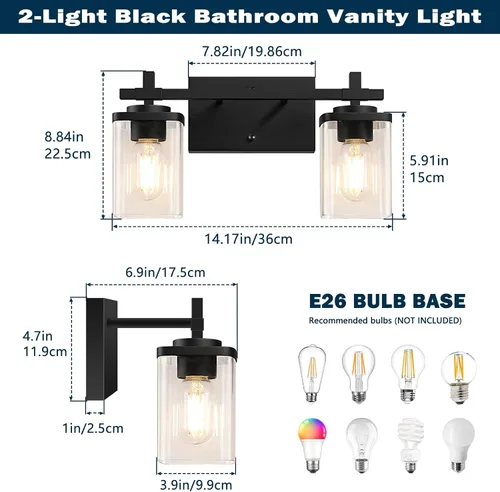 Vista 2 de 2 luces de tocador de baño, accesorios de luz de tocador negro mate sobre espejo, apliques de pared modernos con pantalla de vidrio transparente