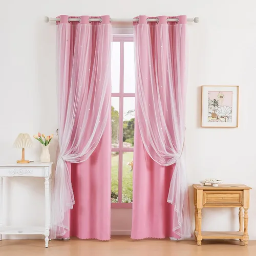 Vista 23 de Anytime - Cortinas para dormitorio de niñas con estrella hueca, cortinas opacas para habitación de niños, cortinas largas para oscurecer