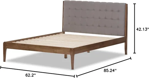 Vista 3 de Baxton Studio Denise Mid-Century - Cama con plataforma de madera, tamaño Queen, gris claro/marrón nogal medio