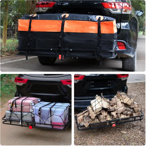 Vista 7 de WEIZE Cesta de Carga con Enganche para SUV, Camión - 53x19 Pulgadas, Capacidad de 500LB, con Bolsa Impermeable, Correa de Red, Tensor, Recubierto