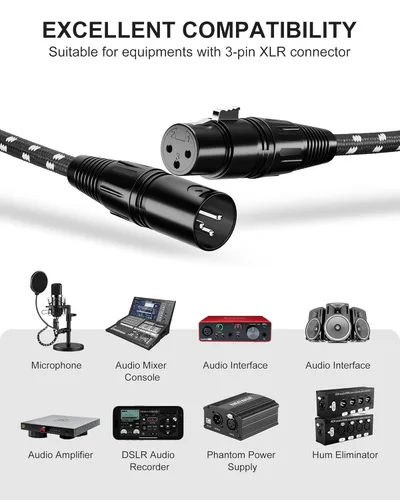 Vista 3 de Cables XLR, cable de micrófono XLR de 3 pies, paquete de 4 unidades, cable de micrófono equilibrado trenzado macho a hembra conector de 3 pines