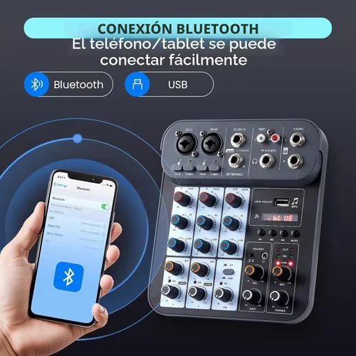 Vista 6 de Mezclador de audio DJ de 4 canales, mezcladores de sonido, placa de mezcla de sonido XLR 1/4" de interfaz, entrada BT USB MP3 para computadora