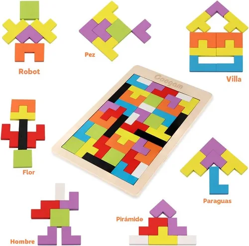 Vista 6 de Coogam Rompecabezas de Bloques de Madera Juguete de Acertijos Cerebrales Tangram Rompecabezas de Inteligencia Colorido Juego de Bloques Rusos 3D