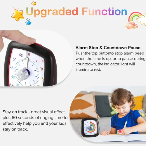 Vista 4 de Secura - Temporizador visual de 60 minutos, temporizador silencioso de estudio para niños y adultos, relojes de tiempo, temporizador de cuenta