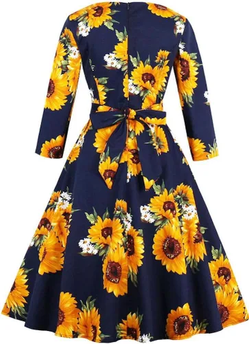 Vista 2 de Vestido de manga larga para mujer, cuello redondo, 1950, estilo retro, hollywood