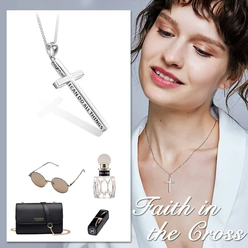 Vista 6 de POPLYKE Collar con cruz de plata de ley 925 Filipenses 413 "I Can Do All The Things", collar inspirador para mujeres y hombres, 20+2 pulgadas