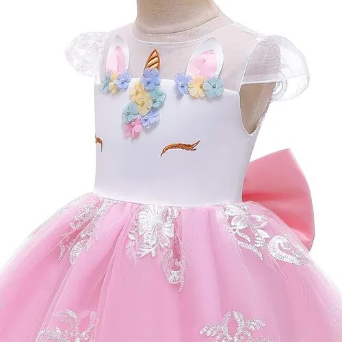 Vista 4 de QPANCY Vestidos de unicornio para niñas, trajes de concurso de princesa, diadema y ala a juego