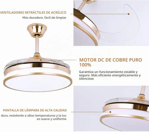 Vista 7 de STERREN Ventilador de techo retráctil dorado con luces, ventilador de techo LED moderno de perfil bajo sin aspas de 42 pulgadas para dormitorio