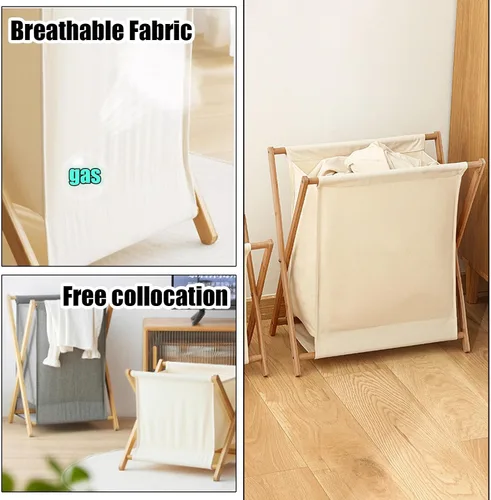 Vista 6 de AVIMYA Cesto para ropa sucia, beige, plegable, portátil, algodón y acero