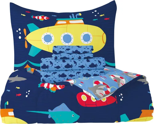 Vista 15 de Dream Factory Dinosaur Blocks - Juego de edredón de microfibra ultrasuave para niños, color azul, tamaño individual Bloques de dinosaurios azules