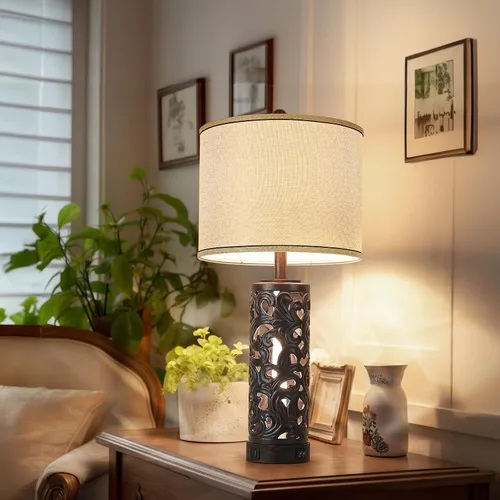 Vista 4 de AIDENOEY Juego de 2 lámparas de mesa con luz nocturna, lámpara de mesa de granja de 28 pulgadas con puertos USB A+C, lámpara de noche de cerámica