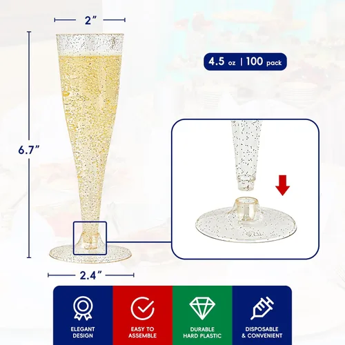 Vista 2 de JOLLY CHEF Paquete de 100 copas de champán de plástico desechables de 4.5 onzas con purpurina dorada para boda, día de Acción de Gracias, Navidad