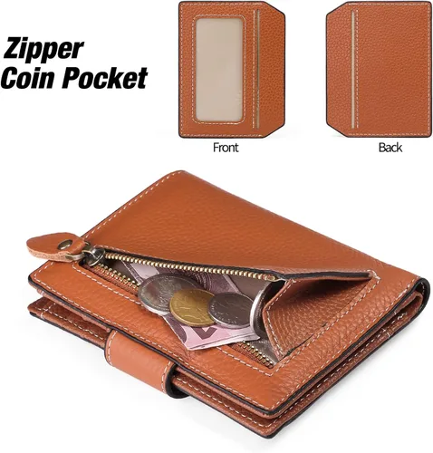 Vista 5 de FALAN MULE Cartera pequeña para mujer, de piel auténtica, plegable, compacta, con bloqueo RFID, pequeña cartera para mujer, ZAO-Caramelo, Compacto